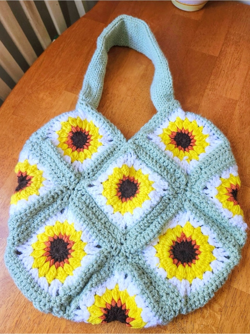 Handmade Sunflower Crochet Tote Bag in Sage and Yellow
